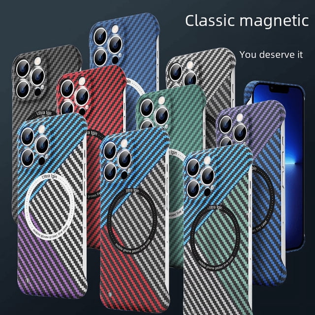 Funda protectora de cuero con succión magnética de fibra de carbono sin bordes adecuada para iPhone 14 PROMAX
