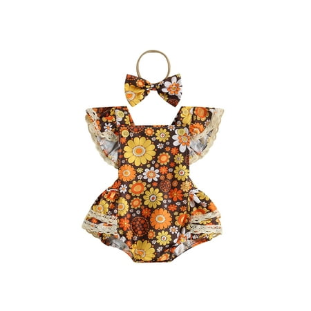 

Newborn Toddler Baby Girls Jumpsuit Set Summer Floral Ruffled Flying Sleeve Rompers and Headband Outfits Black 18-24 Months