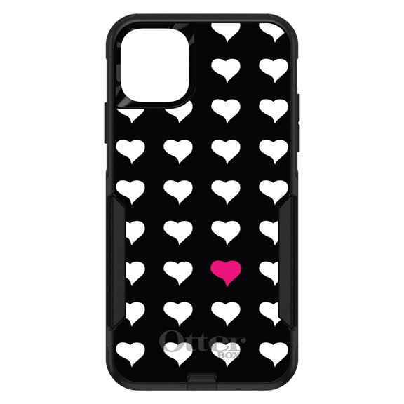 DistinctInk OtterBox Commuter Custom Case for Apple iPhone 15 (6.1" Screen) - Pink White Black Repeating Hearts - Tempered Glass Back