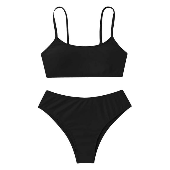 Huowey Swimsuit For Girls 2 Piece Solid Color Adjustable Strap Bikini Sets High Waist Bottom Beach Wear Outfits Sun Protection Bathing Suit,Black,9-11 Years