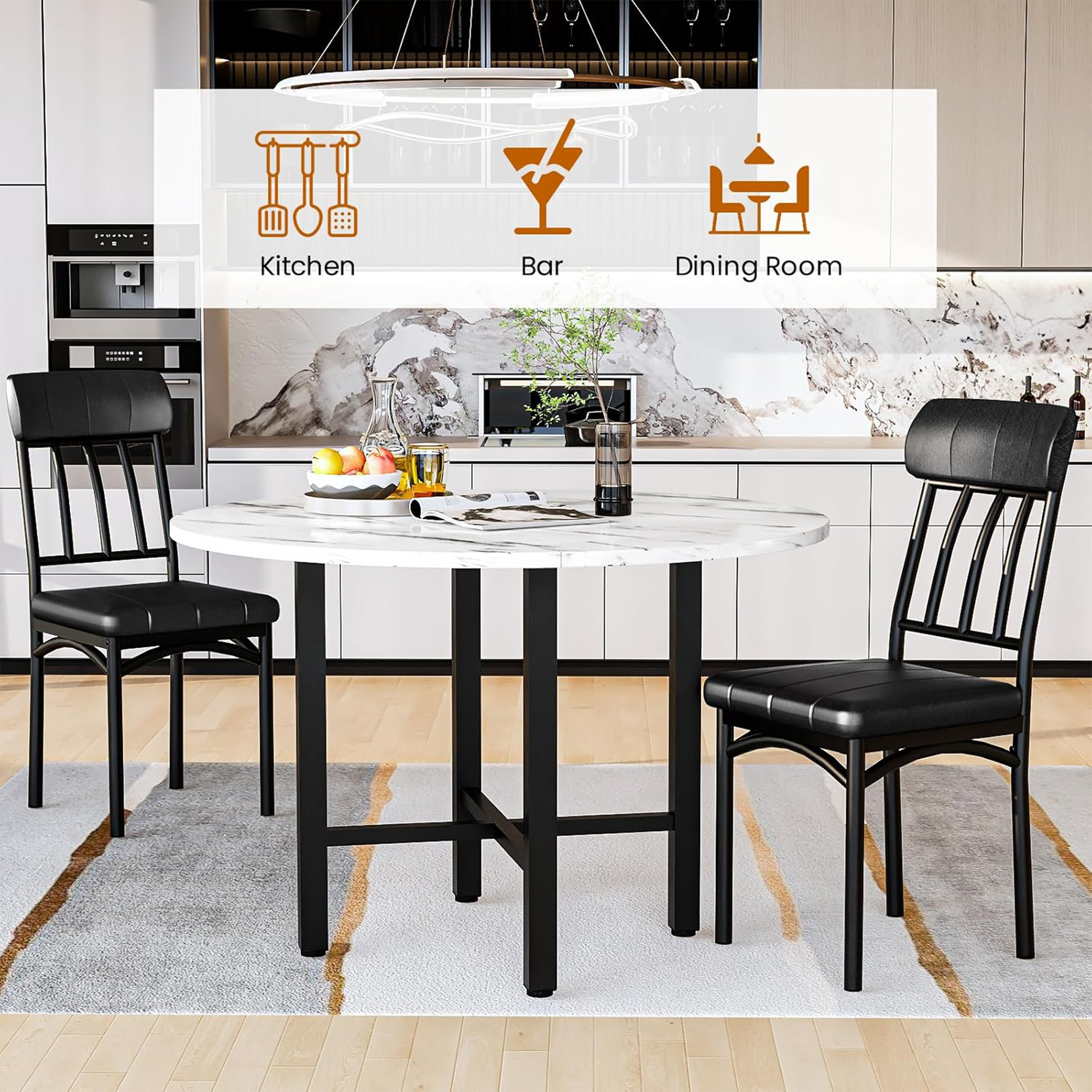 LinkRomat Round Dining Table Set for 4, Modern Dining Room Sets with 4 Faux Leather Chairs, Kitchen Dinner Faux Marble Table & Chair Set for Small Space, White