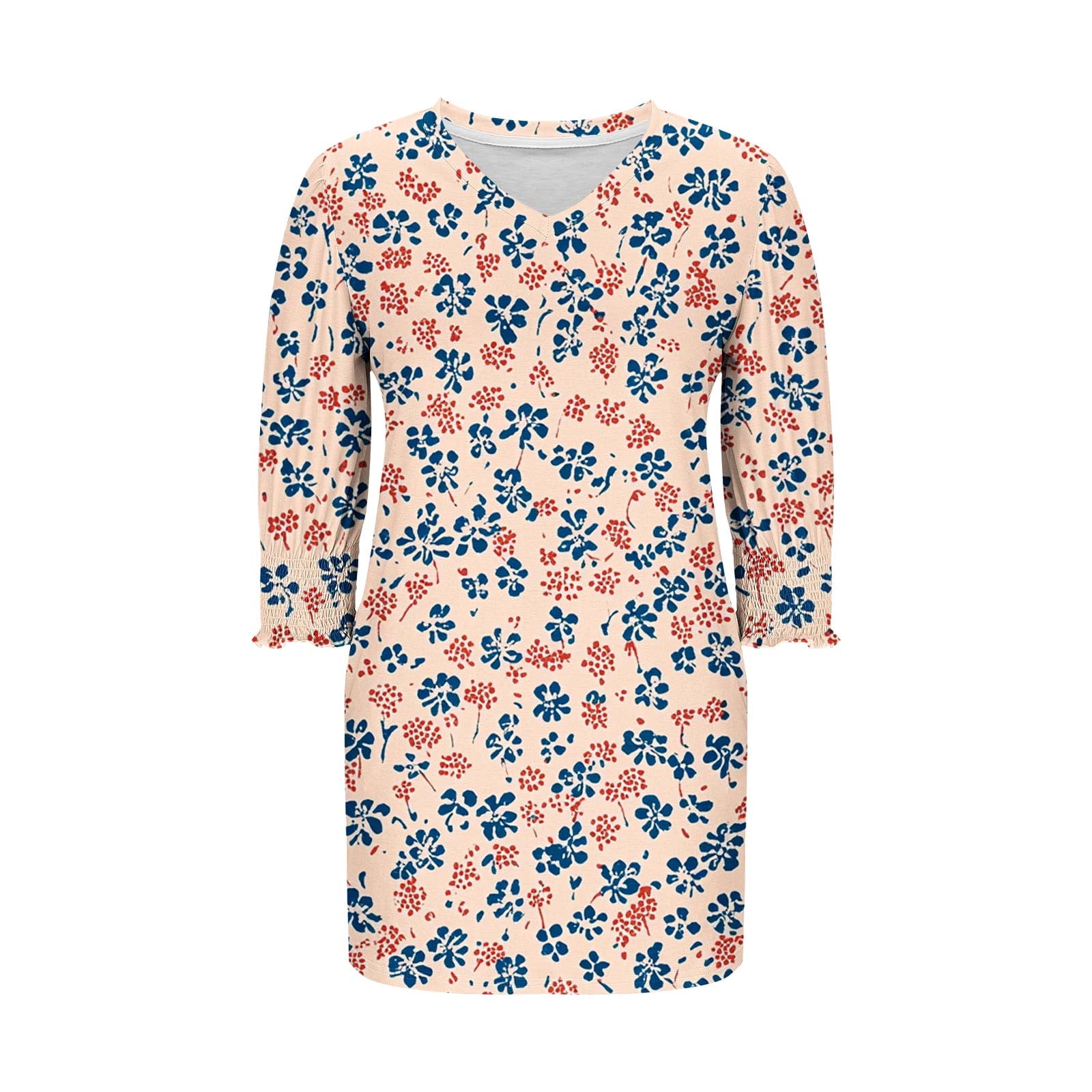 Oplxuo A-Line Casual Mini Dress for Women Smocked Cuff 3/4 Sleeve Loose V Neck Swing 2025 Fall Dresses with Pockets