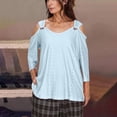 thumbnail image 2 of Htigea Women's Cold Shoulder Shirts Eyelet 3/4 Sleeve Tops Hollow Out V Neck Pullover Ladies Tunic Blouse for Going Out Light Blue,3XL, 2 of 7