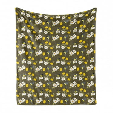 Yellow Bird Soft Flannel Fleece Blanket, Vintage Inspired Avian Pattern with Dahlias Chrysanthemum and Titmouse, Cozy Plush for Indoor and Outdoor Use, 50" x 60", Fawn and Multicolor, by Ambesonne