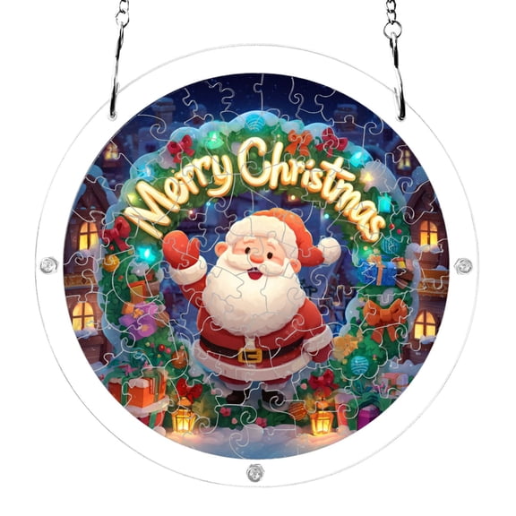 Cute Santa on Christmas Night Acrylic Jigsaw Puzzles 83 Pieces Suncatcher for Window Hanging 7.5 Inch Holiday Home Decor
