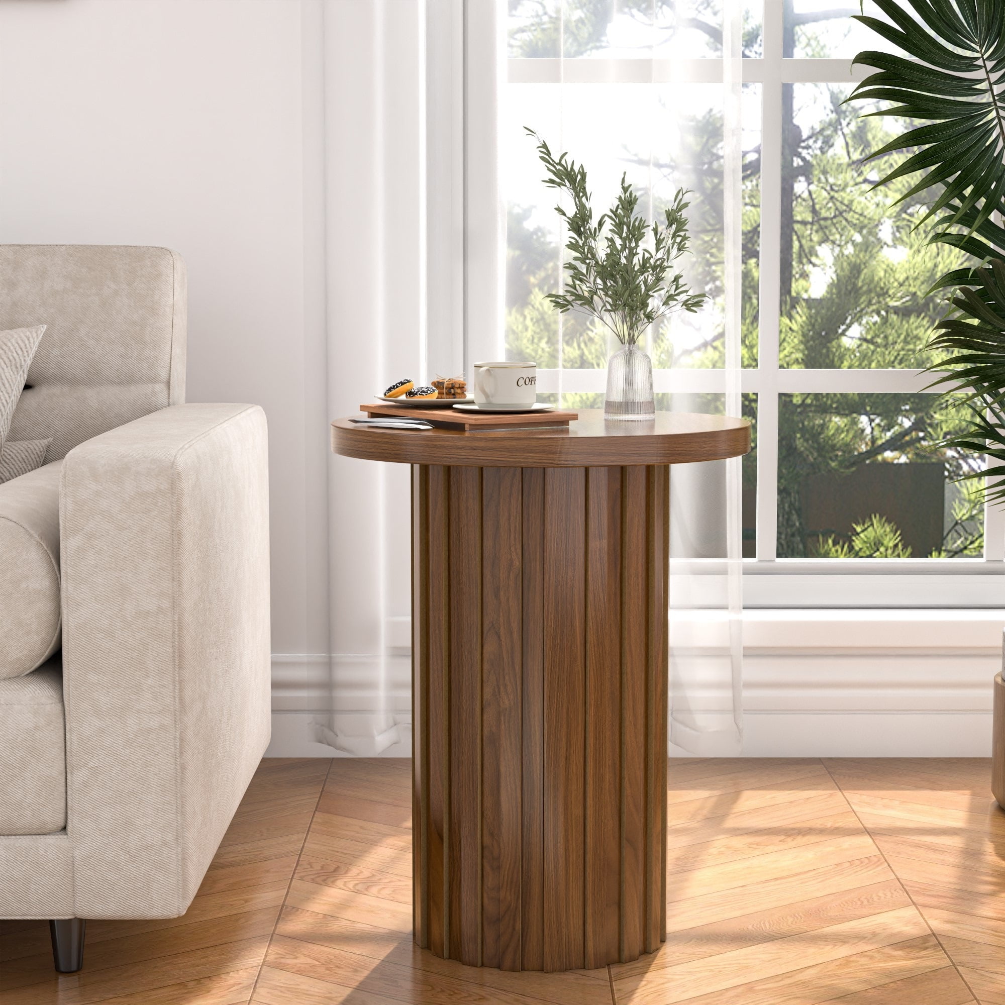 Small Round End Table Farmhouse Accent Side Table Modern Nightstand for Living Room Bedroom (Walnut)