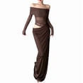 thumbnail image 3 of Women'S Mesh Off Shoulder Dress Elegant Sheer See Through Long Sleeve Ruched Bodycon Maxi Dresses Brown XL, 3 of 9