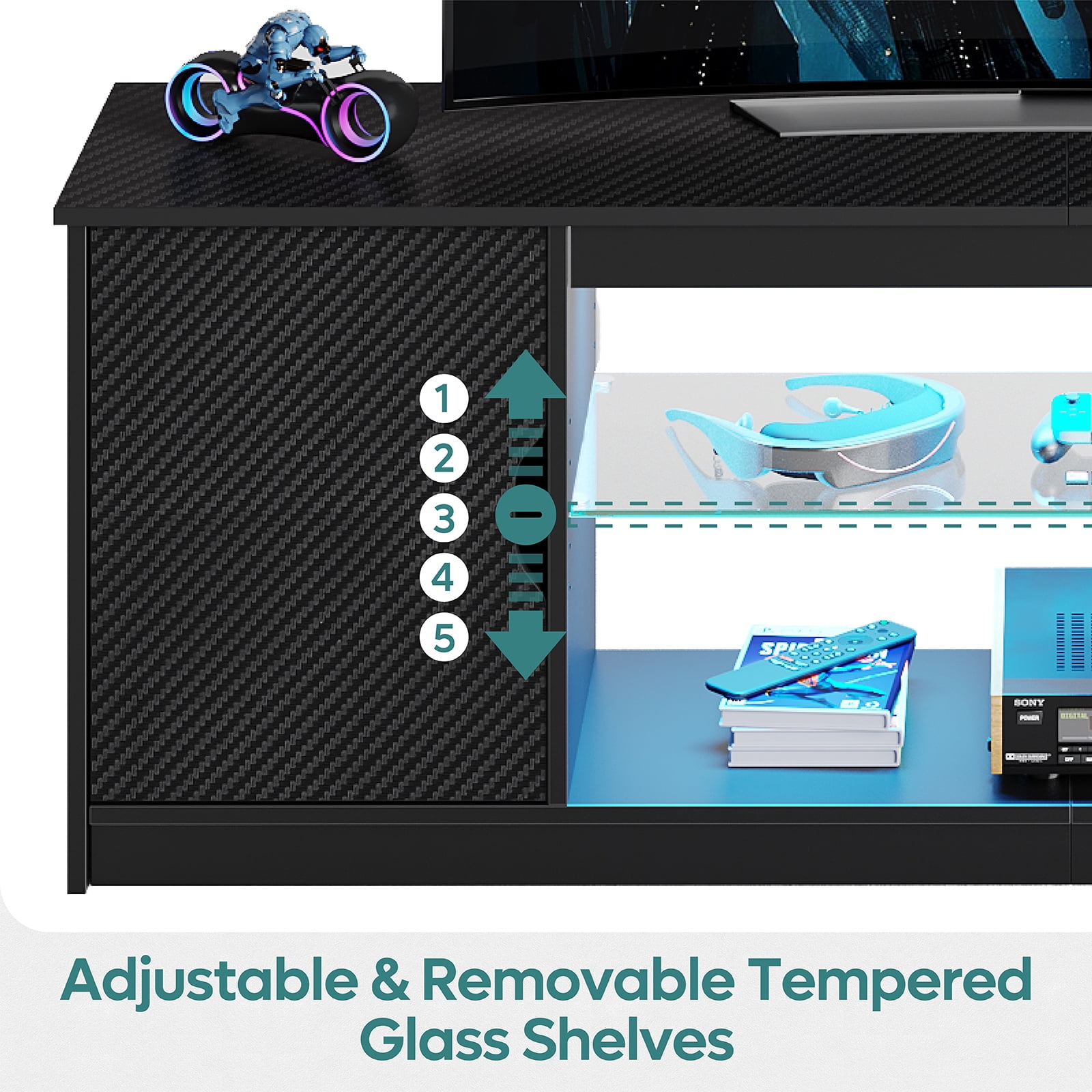 Bestier LED TV Stand for TVs up to 65", Entertainment Center with Power Outlet & Storage Cabinet, Carbon Fiber