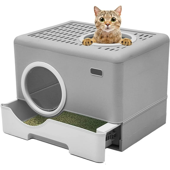 Dextrus Large Enclosed Cat Litter Box with Lid Cover&Litter Scoop,Front Entry Top Exit Door,Odorless Enclosed Design with Drawer, and Easy Cleaning (Gray)