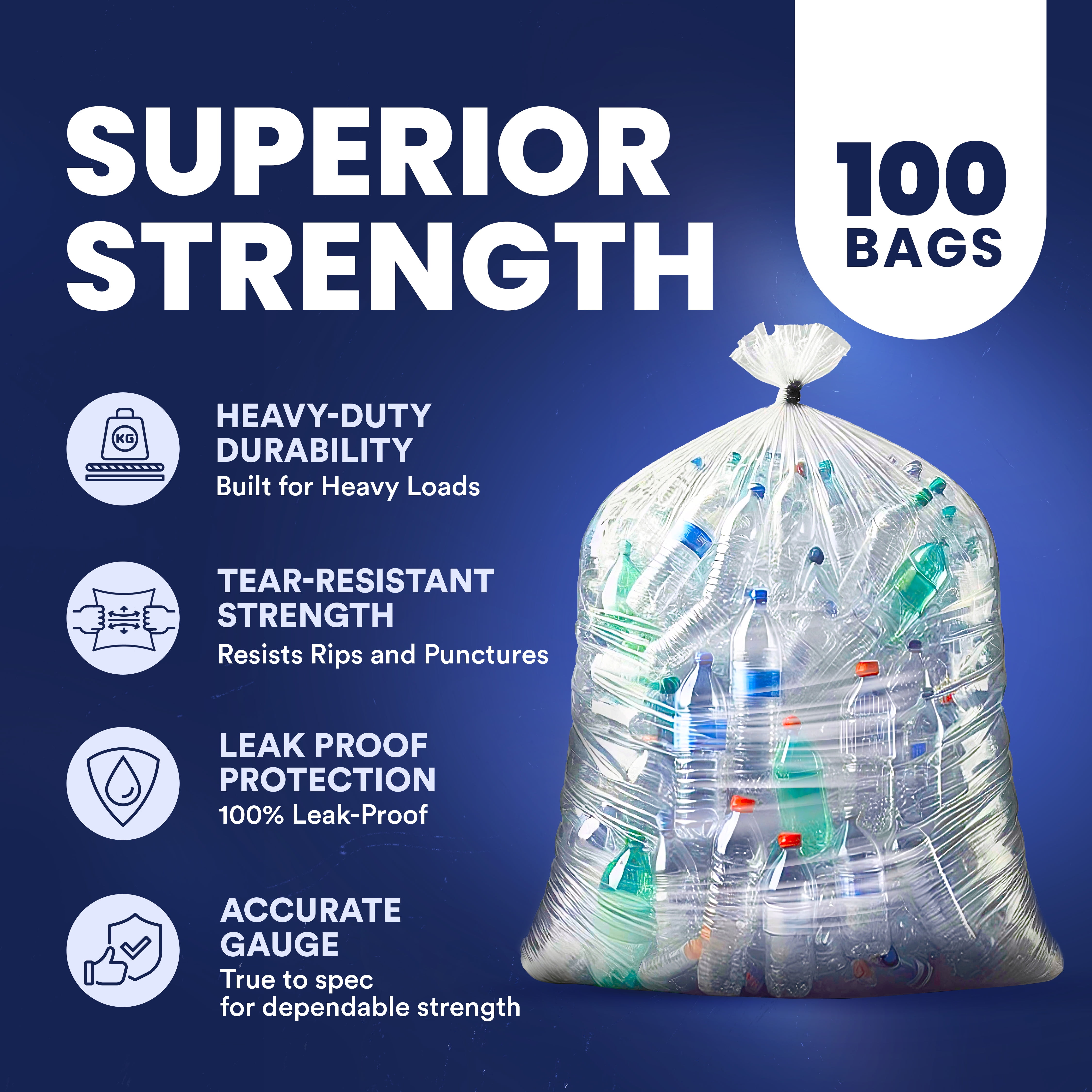 Plasticplace 55-60 gallon Trash Bags │ 1.5 Mil │ Clear Heavy Duty Garbage Can Liners │Rolls │ 38” x 58” (100Count)