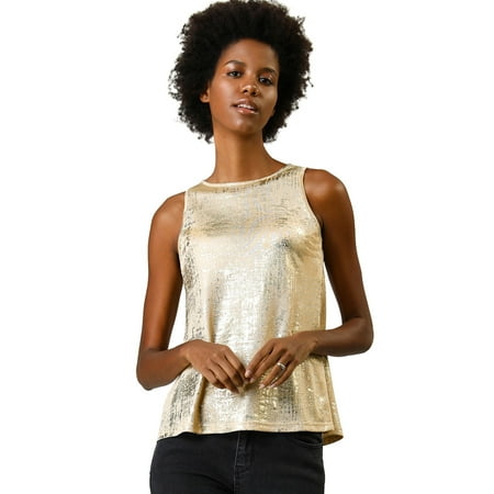 Neckline Camisole - Allegra K Women's Metallic Shiny Tank Top Party Club A-Line Shimmer Camisole Vest (Size XL / 18) Gold