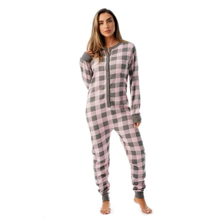 #followme Women's Thermal Henley Bodysuit - Cozy and Comfortable Winter Sleepwear and Loungewear Union Suit (Pink / Charcoal, Small)