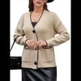 thumbnail image 1 of Suéter de Larga con Bloques de Color para Mujer, Abrigo Informal de Otoño con Botones y Bolsillo Caqui L, 1 of 10