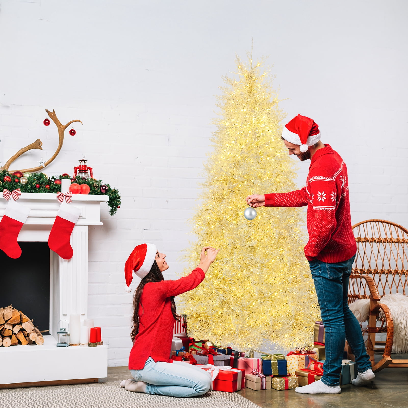 7FT White Christmas Tree, 400 LED Lights with 3 Modes Warm White Multi-color Macaroon, 1218 PE Branch Tips, Flame-Retardant, Reinforced Metal Stand, Indoor Living Room Entryway Office Holiday Decor