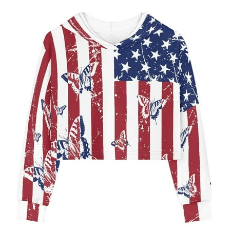 

TOADDMOS American Flag Butterfly Vintage Pullover Crop Tops for Girls Aesthetic Kids Sweatshirts Long Sleeve Children Hoodies 9-10