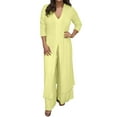thumbnail image 1 of Conjunto de dos piezas de gasa para mujer talla grande: top de cuello en V y manga larga + pantalones, traje de playa, diseño con abertura, para primavera-verano, 1 of 8