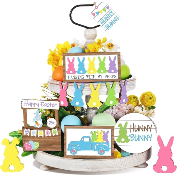 12 Pcs Easter Tiered Tray Decor Set Happy Easter Signs Bunny Wooden Sign Country Farmhouse Spring Tiered Tray Decorations Set for Home Table,Easter Home Decor
