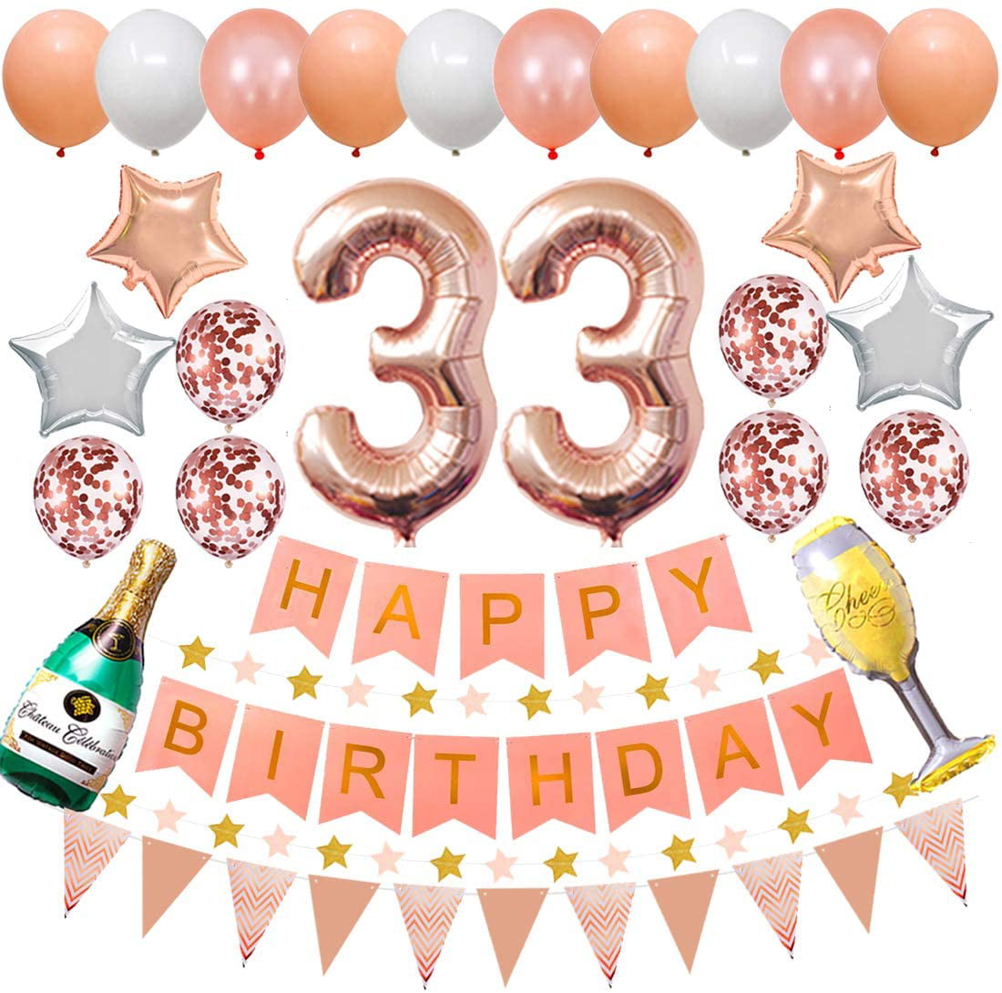 colorpartyland Happy 33rd Birthday Party Decorations Rose Gold Latex and Confetti Balloons Happy Birthday Banner Foil Number Balloons and More For 33 Years Old Birthday Party Supplies 