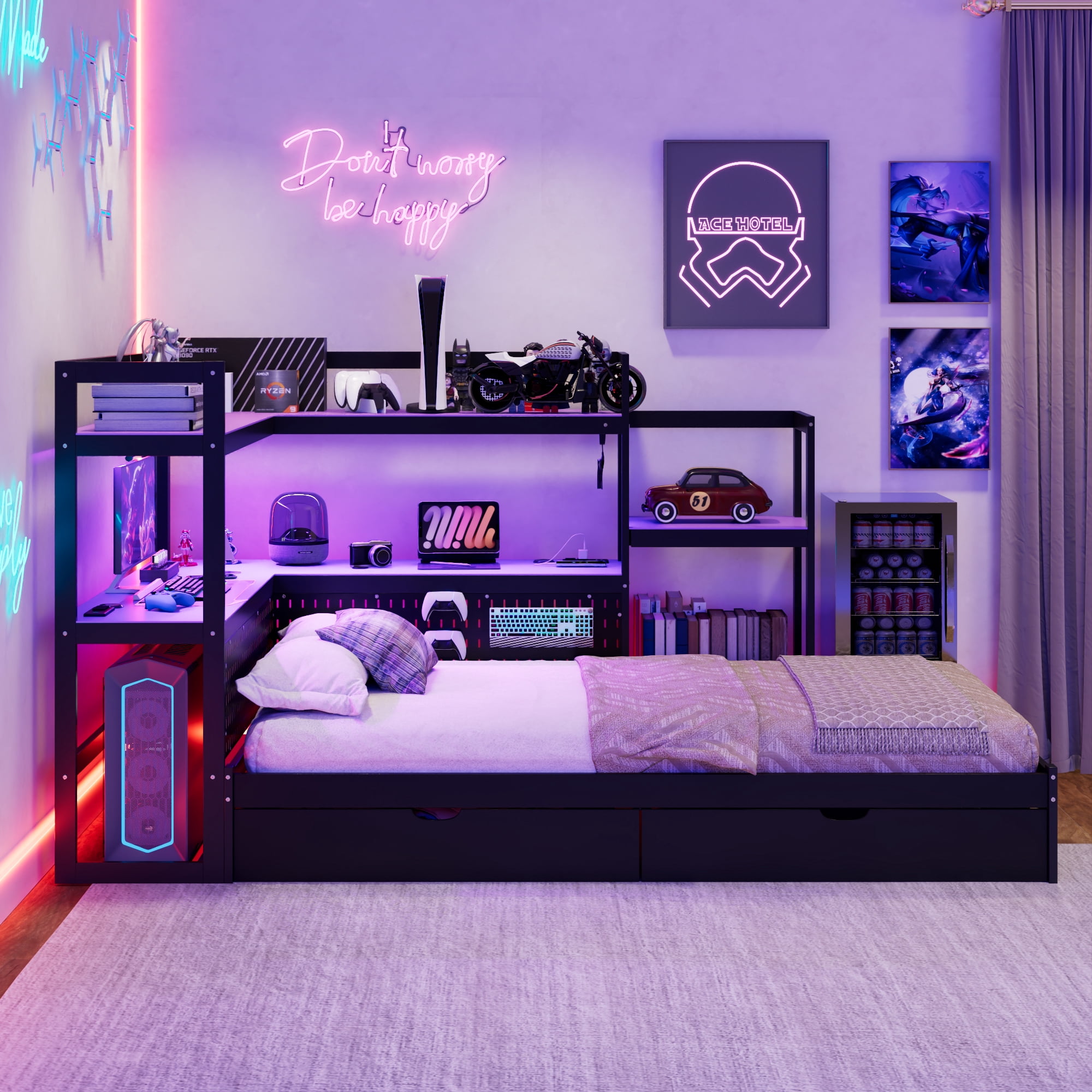 Mintazer Twin LED Gaming Daybed Storage Platform Bed with Charging Station & Integrated Desk Bookshelves and 3 Drawers for Kids Teens, Black+Purple