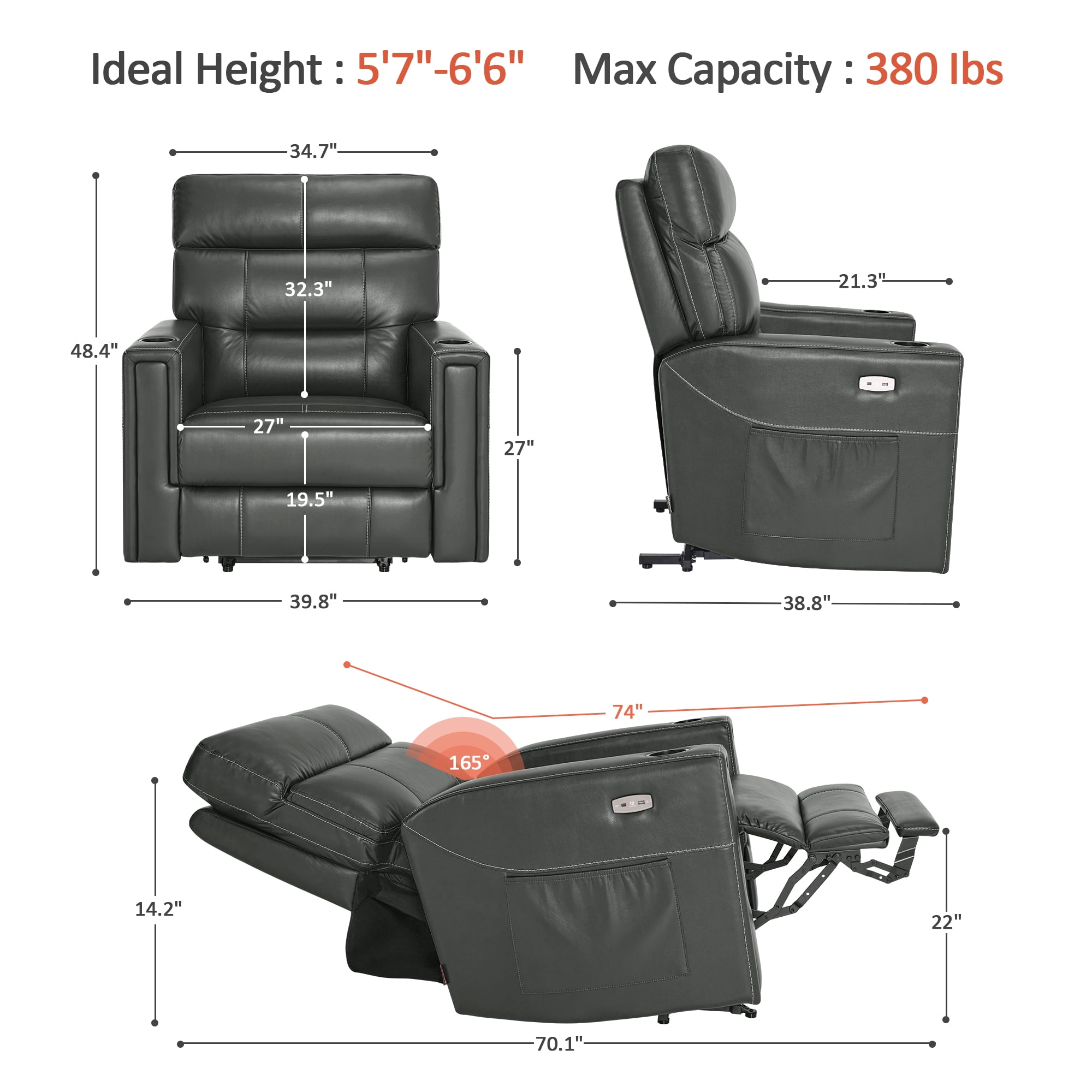 MCombo 380lbs Oversized Dual Motors Lay Flat Power Lift Recliner Chair with 27'' Extra-Wide Seat for Heights 5'7''-6'6" Big and Tall People, Faux Leather(Grey)