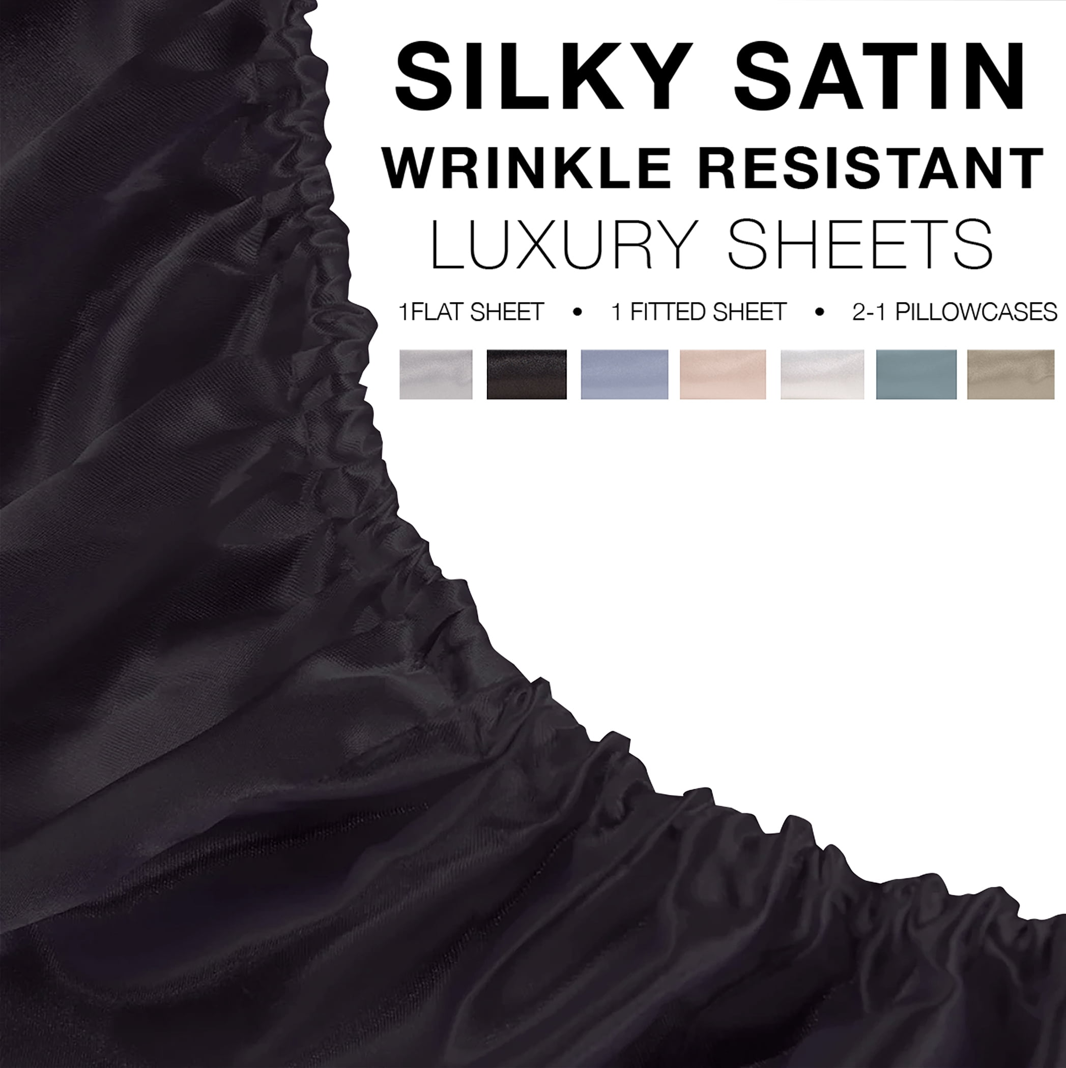 Satin Radiance Soft Silky Satin Sheets Solid Color Deep Pocket King Size Satin Bed Sheet Set Cooling Soft Slippery Satin Bedding + Satin Pillowcases Durable, Breathable, Black 4-piece