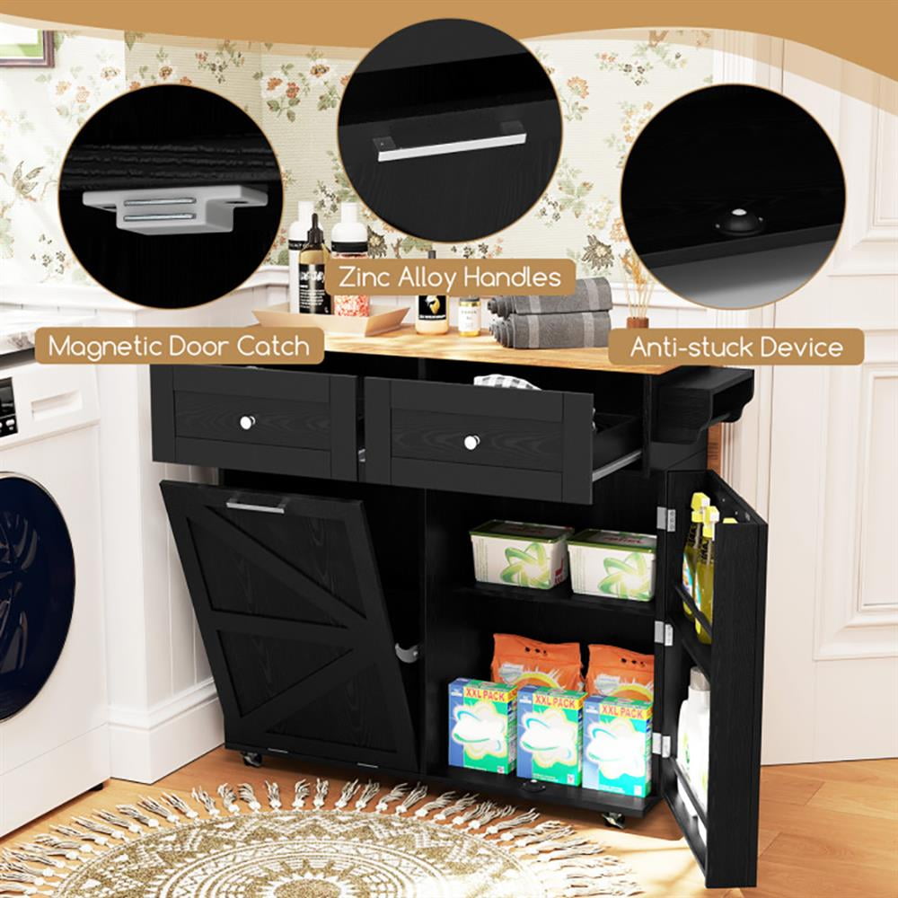 Resenkos Kitchen Cart, Kitchen Island Cart,Rolling Kitchen Island with Trash Can Cabinet and Rubber Universal Wheels-Black