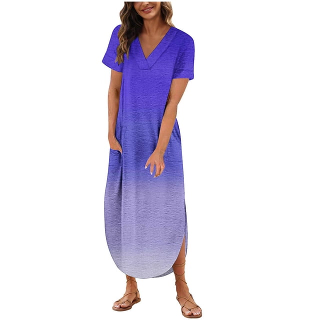 Vestido de Manga Corta para las Mujeres, Vestido Casual de Cuello en V de Bolsillo de Impresión de Moda Sexy Hecho de Poliéster Ligero para el Verano, Vestido de Verano para las Mujeres