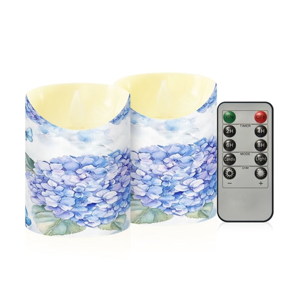 2 PCS Tilted Flameless Candles Flickering LED Lights Battery Operated Candles with Remote Timers for Holiday Decor Blue Hydrangea Pattern