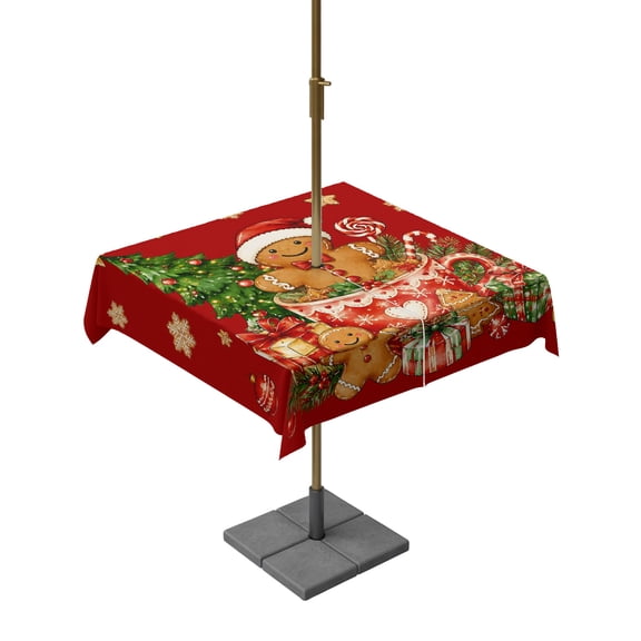 Outdoor Tablecloth with Umbrella Hole, Merry Christmas Tree Gingerbread Man Zippered Table Cloth for Rectangle Tables, Winter Snowflake Red Washable Waterproof Tablecloths for Picnic Patio Garden