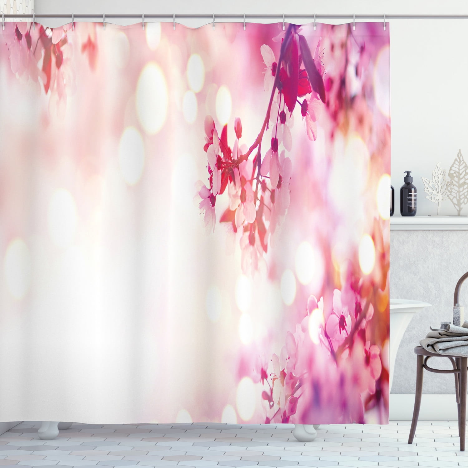 Almond Blossom Shower Curtain, Composition of Japanese Spring Trees with Bokeh Dots Background Oriental, Fabric Bathroom Set with Hooks, 69'WX70'L, Multi-color, by Ambesonne