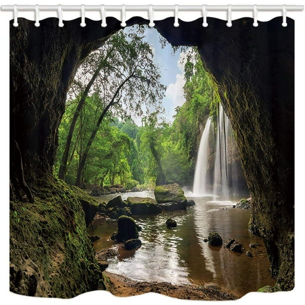 RYLABLUE Paysage Beau Naturel Karstique Grotte Chutes Ruisseau Ferme Tissu Polyester Salle de Bain Rideau de Douche 66x72 Pouces