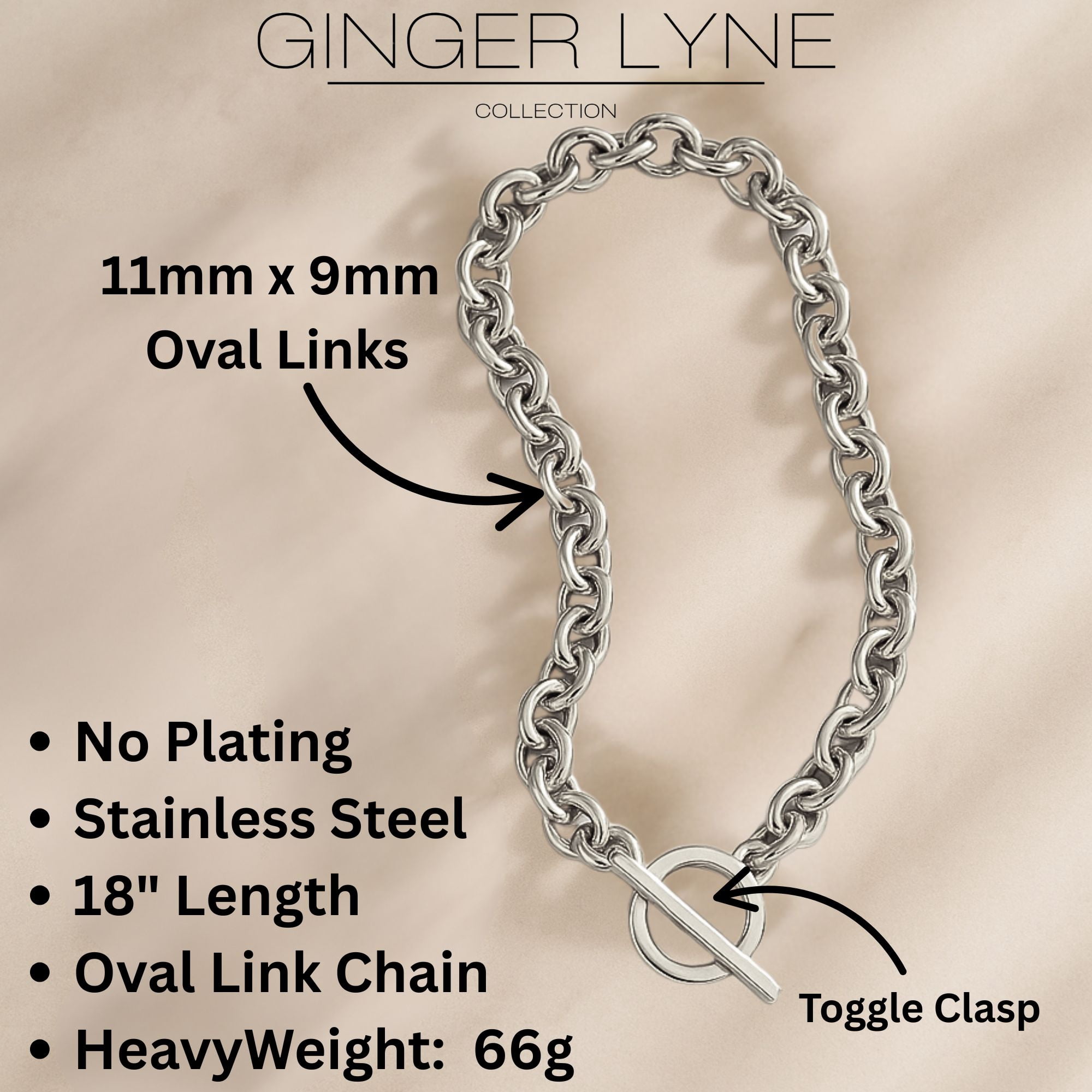 Oval Link Toggle Necklace for Women Heavy Weight 14KT Gold Plated Stainless Steel 18"Ginger Lyne Collection