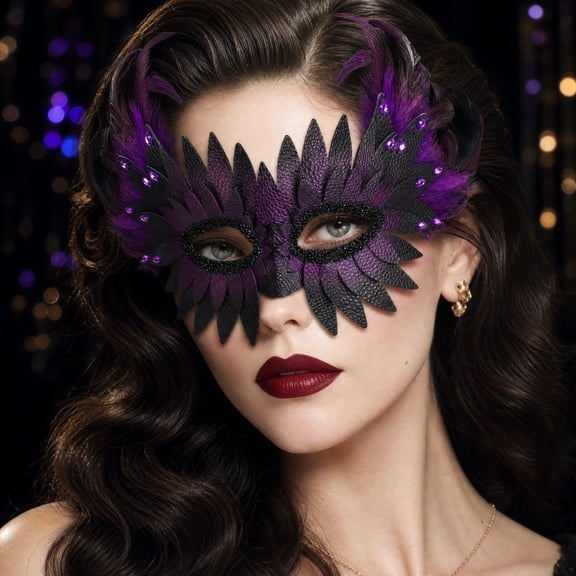 Masquerade Mask for Women 9 Inch Purple Feather Venetian Masquerade Masks for Men Halloween Mardi Gras Mask for Masquerade Party, 1 Pack