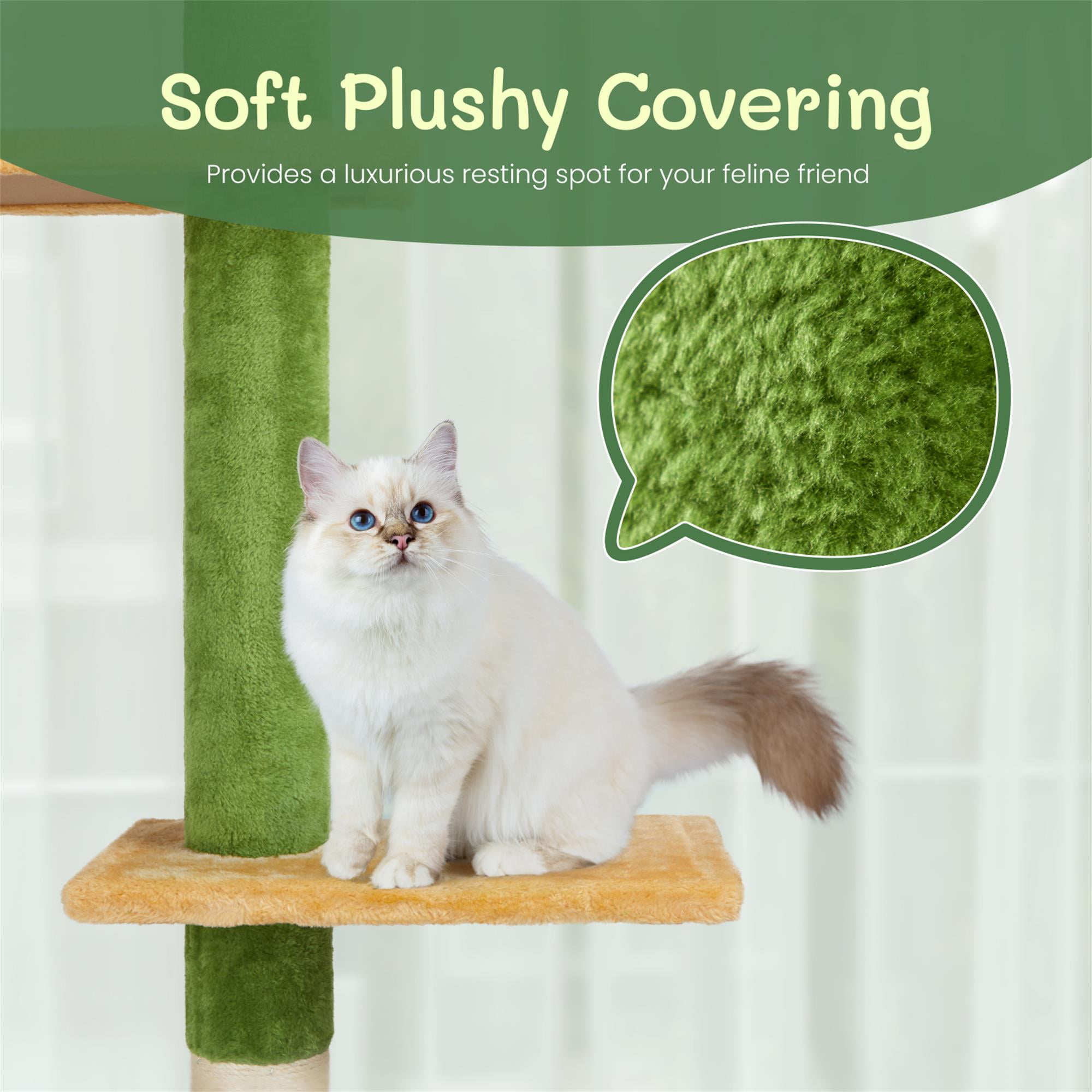 Kadyn Cat Tree, Cactus Floor to Ceiling Cat Tower with Adjustable Height (90"-106"), 5 Level Cat Climbing Tower with Cozy Platforms and Dangling Balls for Indoor Cats, Green