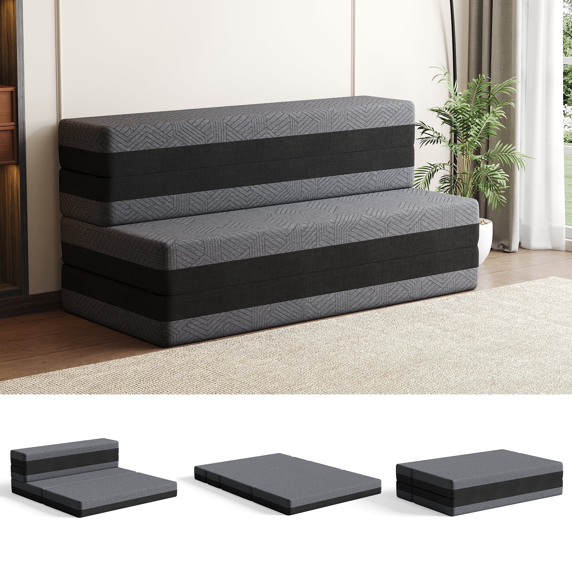 BEHOST 5-in-1 Quad-fold Convertible Sleeper Sofa Bed, 6" Full Size Foldable Floor Mattress for Apartment Dorm Guest Room Camping RV