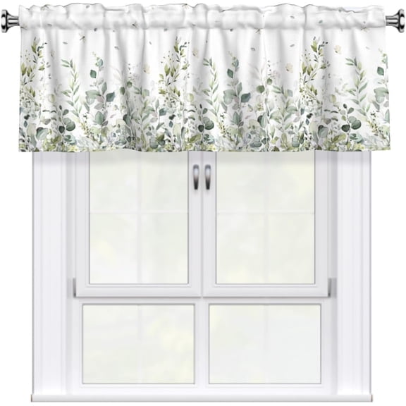Sage Green Leaves Curtain Valance for Windows,54x18inch Spring Summer Plants Eucalyptus Leaf Floral Rod Pocket Top Treatment Drapes for Kitchen Bedroom Living Room Home Decoration
