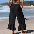 thumbnail image 4 of Women's Linen Wide Leg Pants Casual Cropped Crinkle Design with Drawstring Waist and Loose Fit Ruffled Hem Trousers for Everyday Wear Black L, 4 of 5
