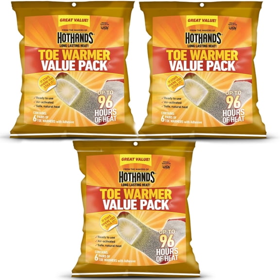 3 Pack HotHands Adhesive Toe Warmer 6 pair per pack Value Pack