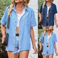 thumbnail image 7 of Lovskoo Denim Shirt Women Summer Tops Button Down Collared Short Sleeve Spring Solid Color Casual Lapel Denim Shirt Light Blue, 7 of 7