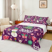 Manfei Cartoon Christmas Snowman Twin Sheet Sets,Merry Xmas Twin Fitted Sheet,Purple Pink White Flat Sheet For Girl Boys Kids,Super Cozy Room Decor,3-Piece