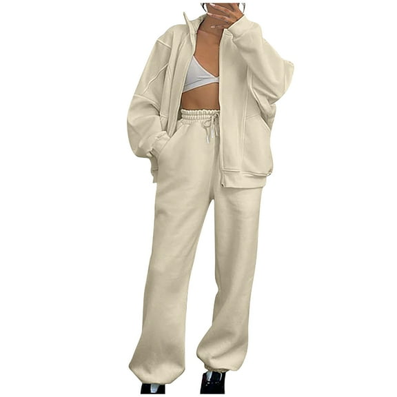 SincereX Sweatshirts Set for Women Full Zip Jacket With Trousers Suit Oversized Tracksuit Sets With Pocket Stand Collar Coats Joggers Sweatsuit Plain Casual Outfits Sportswear Gym Workout Sets