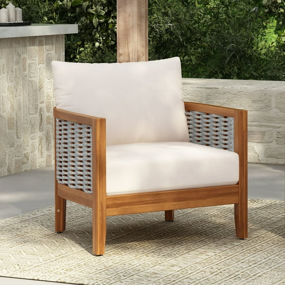 Christopher Knight Home Unique Tub Outdoor Arm Chair with Woven Rope Back and Wood Frame, Beige Cushions