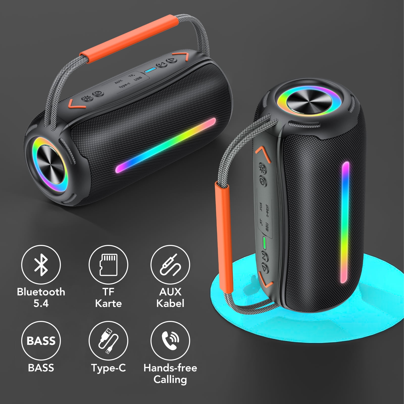 Bluetooth Speaker, Wireless Ultra Bluetooth Speaker with 66mm Drivers, 4000mAh Battery 24Hrs Playtime, RGB Lights, BT5.4, IP7 Waterproof, AUX, TF Card, Suitable for Home/Party/Outdoor/Beach, Gift