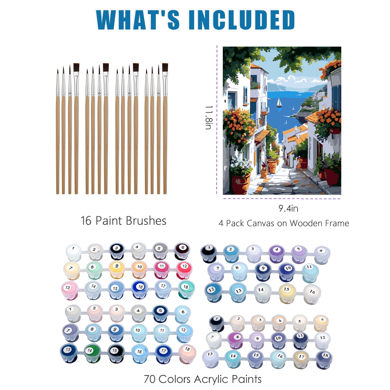 Qoosea 4 Pack Paint by Numbers Kits for Adults Kids, Crafts DIY for Beginners with Wooden Easel, Paint Brushes, Acrylic Paint Set for Home Wall Decor