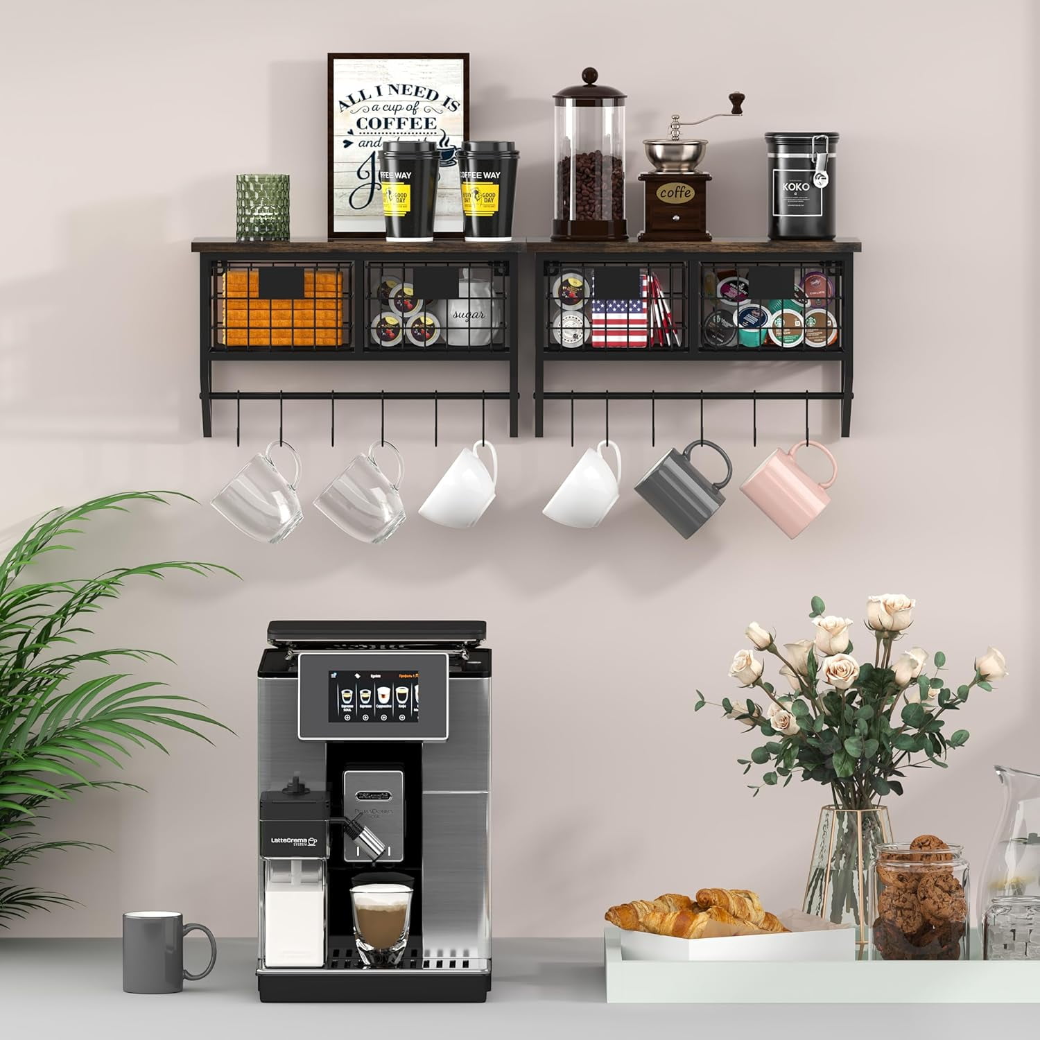 Industrial Wall Mounted Metal Wood Floating Shelves with Baskets Hooks Hanging Display Shelf Sundries Holder for Coffee Bar Kitchen Bathroom Organization and Home Decor, Black (16inch, 2 Sets)