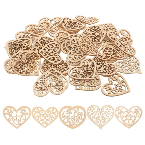 CIMAXIC wooden slices 100pcs Love Heart Shape Wooden Pieces Creative DIY Flower Wood Crafts Hollow Out Home Decor Wood Chips (Random Style),2.05"X2.05"X0.08"