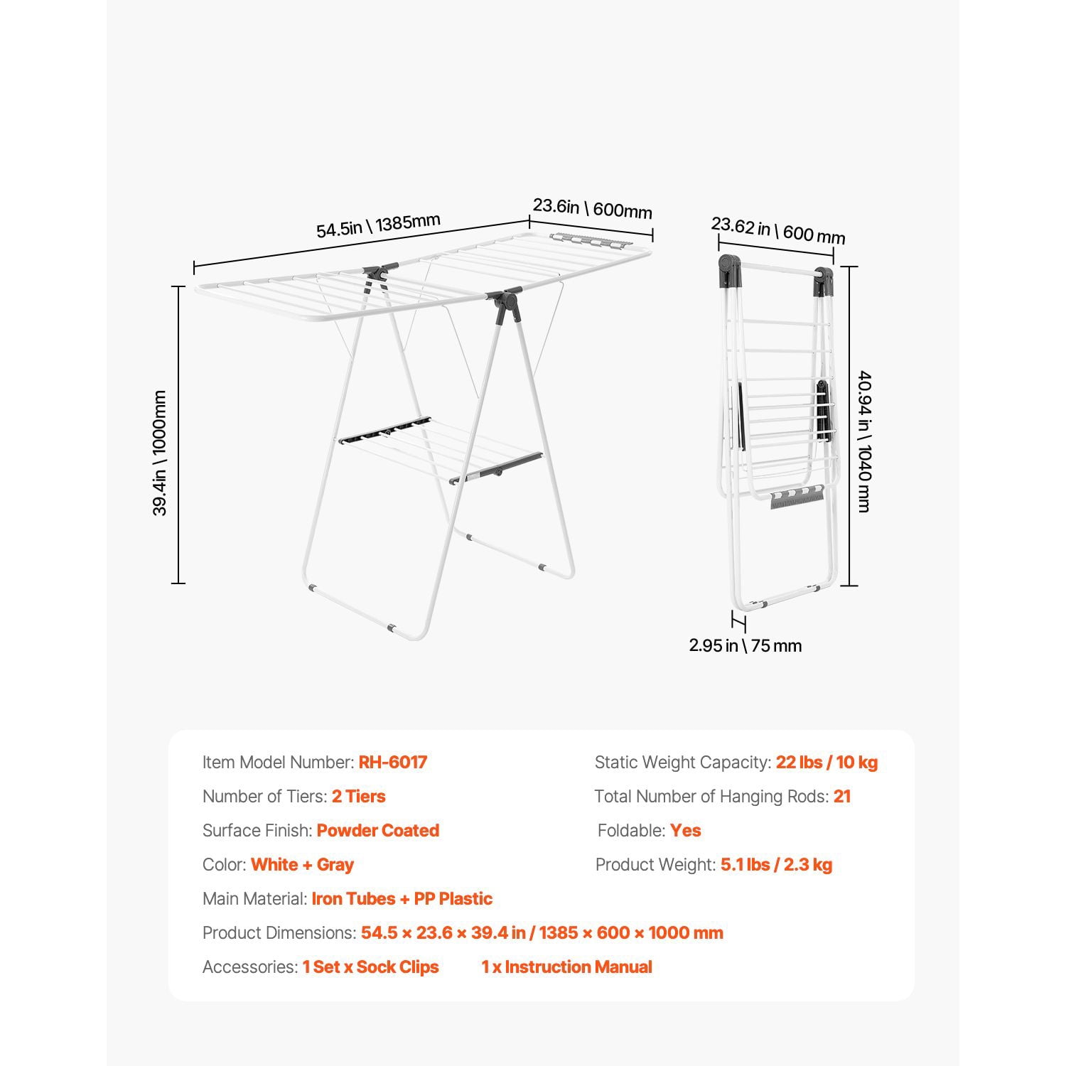 Adjustable Clothes Drying Rack, 2-Tier with 21 Hanging Rods, 22 lbs Capacity, Foldable, Sock Clips, for Laundry Room Balcony