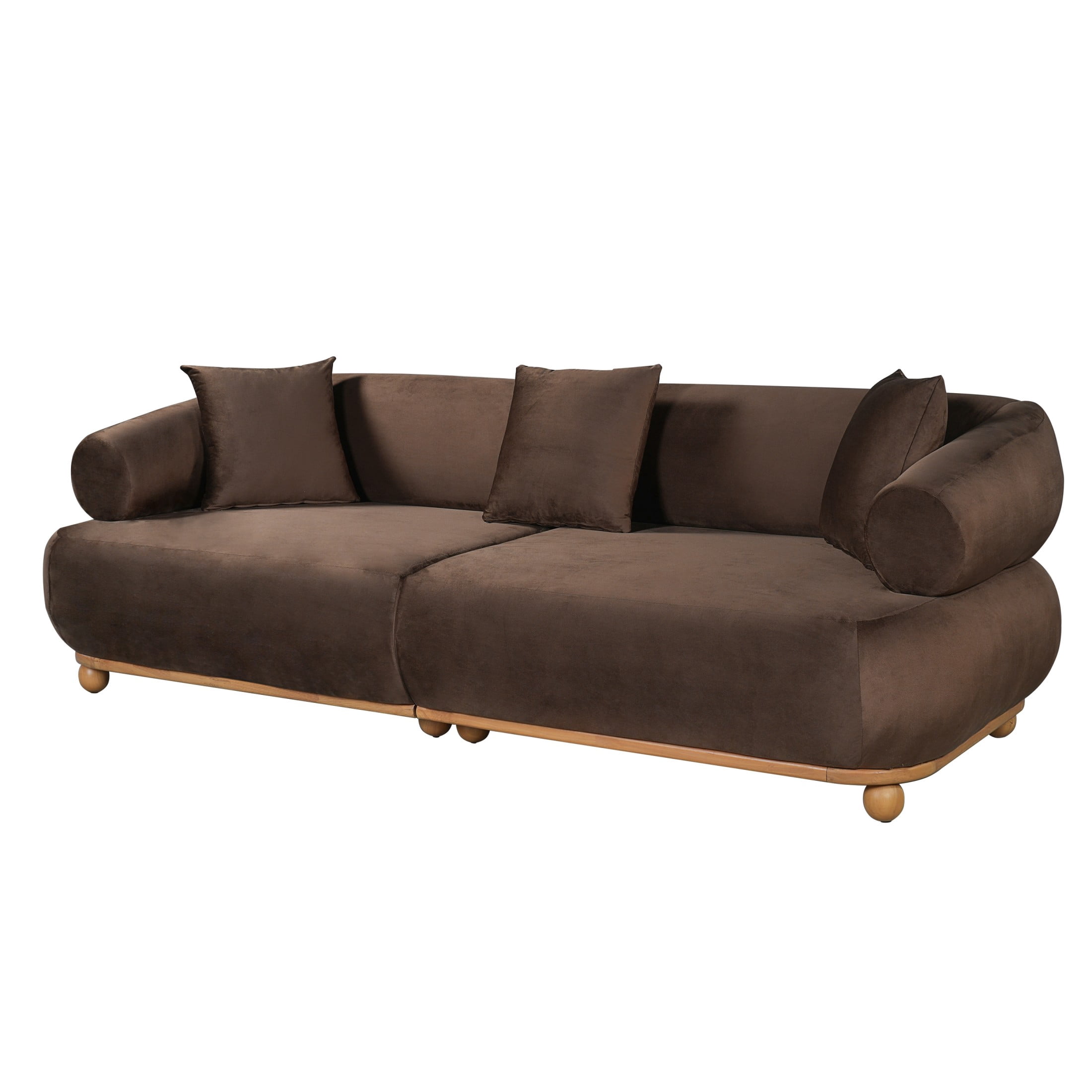 Christopher Knight Home 89.3" Modern Velvet Sofa with Throw Pillows, 3 Seats, Solid Wood Base, Brown
