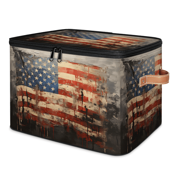 ADECORIVY Retro American Flag Storage Bin with Lid, Decorative Storage Boxes Cube for Shelves, Foldable Storage Baskets Closet Clothes Organizer with Handles