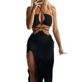 thumbnail image 2 of Seyurigaoka Women Summer Cross Halter Bandage Dress Ring Buckle Sleeveless Sexy See Through Side Slit Party Night Clubwear Clothing, 2 of 8